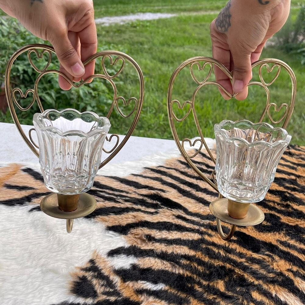 Vintage HOMCO Pair Gold Heart Wall Candle Sconces Glass Votive Cups 8"